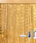 300 LED Curtain String Lights 9.8 Ft By 9.8 Ft Warm White USB Powered With 8 Modes And Remote for indoor decor