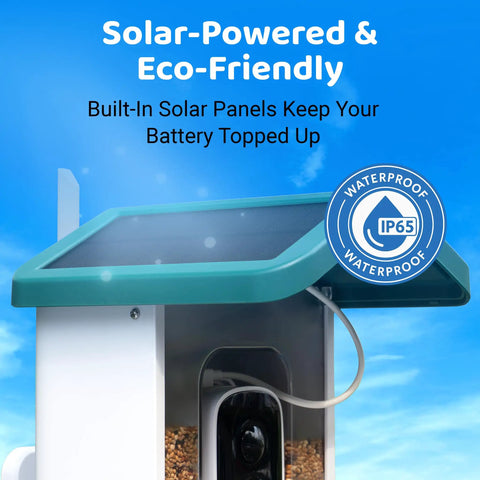 Side view of Smart Bird Feeder With Camera For Backyard Viewing, 2.5K HD Video, AI Bird Recognition, solar panel roof visible.