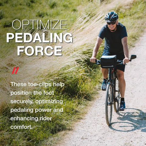 Cyclist using Half Toe Clips For Mountain Bikes Strap Free Pedal Control S M Black Durable Technopolymer Build on gravel path