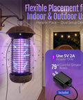 Indoor Outdoor Bug Zapper USB Powered Plug-In Mosquito Killer 4200V Electric Grid with hanging hook on a porch wall.