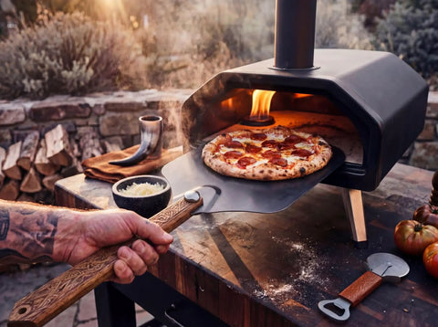 Viking Style Pizza Peel With Cutter Rocker, Heavy Duty Metal Paddle 14x12 Inches, Foldable Wood Handle in outdoor oven use