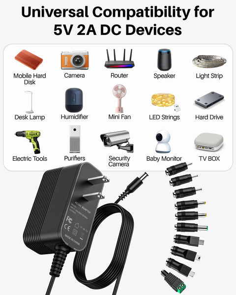 Power Up Anywhere 5V 2A Regulated Switching Power Adapter With 10 Interchangeable Jacks For Quick Charge On The Go And Versatile Use On Small Devices Under 10W Travel Ready And Built Tough.