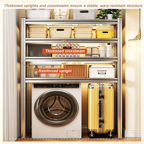 Built Tough Stainless Steel Washer Shelf With Adjustable Multi Tier Layout For Heavy Duty Laundry Game Changer And Reliable Over Dryer Storage Flex Rack Unit with thickened crossbeams.