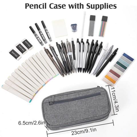 All In One College Stationery Gear With Large Pencil Case, Black Gel Pens, Bold Highlighters, Mechanical Pencils, and Index Tabs