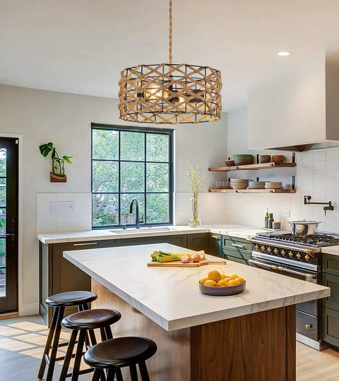 Boho Pendant Light Rustic Hand Woven Hemp Rope Drum Cage Rattan Hanging Lamp in kitchen above island with E26 sockets