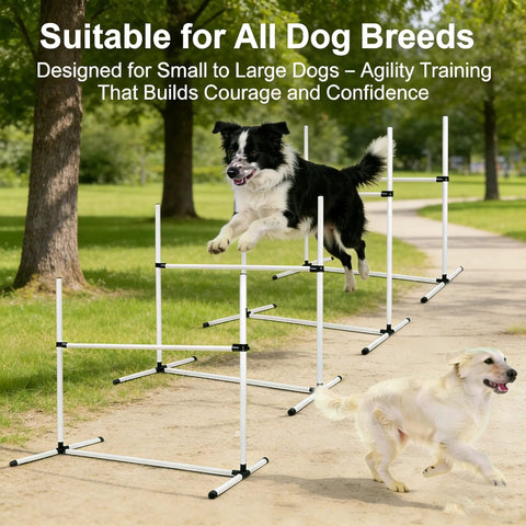 Dogs jumping over All Weather Dog Agility Jump Set With Adjustable Bars PVC Training Kit For Indoor Outdoor Play Easy Setup Obstacle Course