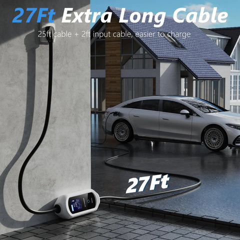 Level 2 EV Charger 40 Amp 240V Portable Electric Vehicle Station with 27Ft cable in garage charging a vehicle.