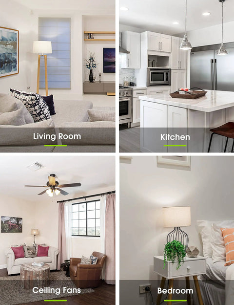 Collage of living room, kitchen, ceiling fan, and bedroom lighting setups showcasing home interior design and decor.
