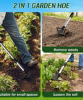Long Handle 2 In 1 Weed Puller Tool With Garden Hoe And Weed Rake removing weeds and loosening soil in a garden