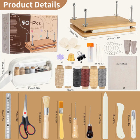 Complete DIY book binding kit with tools, 11.6x7.8 inch book press, wax thread, needles, awl, and plastic bone folders shown