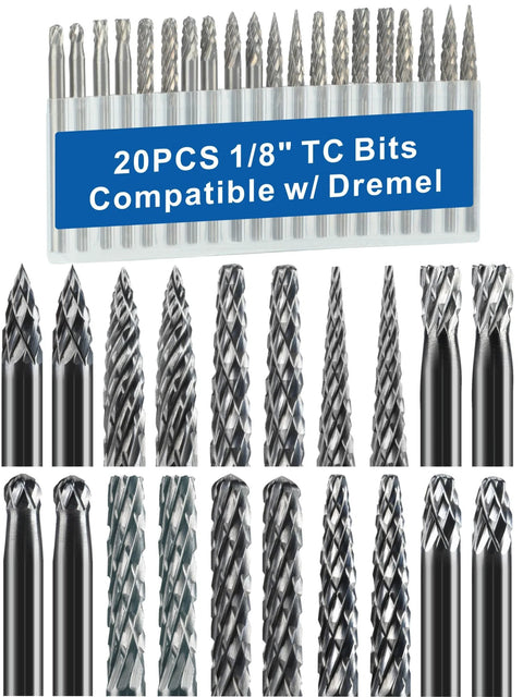 Front view of 20-piece tungsten carbide burr set with 1/8" shanks for Dremel rotary tools