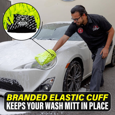 Man using Chenille Premium Scratch-Free Microfiber Wash Mitt For Your Ride Car Cleaning Lime Green Ultra-Soft Glove on white car.