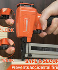 Close-up of Smooth Shooting 23 Gauge Pneumatic Pin Nailer, showing safety lock feature for secure use in woodworking.