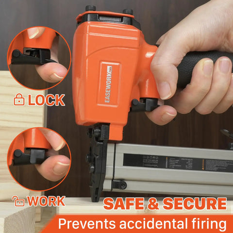 Close-up of Smooth Shooting 23 Gauge Pneumatic Pin Nailer, showing safety lock feature for secure use in woodworking.