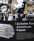 Collage of motorcycle, airplane, and car factory with 100 Aluminum Welding Rods Flux-Free for Easy Welds DIY Aluminum Repair displayed.