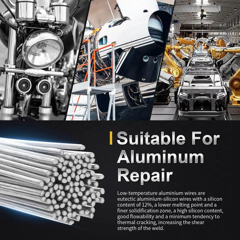 Collage of motorcycle, airplane, and car factory with 100 Aluminum Welding Rods Flux-Free for Easy Welds DIY Aluminum Repair displayed.