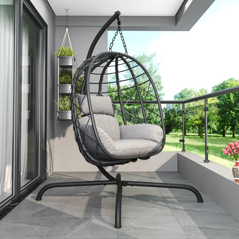 Cozy Hanging Egg Chair With Stand For Indoor Outdoor Use Wicker Rattan Swing Hammock With Thick Cushion 400 Lb Capacity