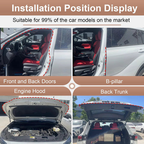 Alophoty 10 ft D-shaped rubber weather stripping door seal; self-adhesive automotive seal in four installation views