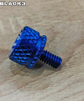 Road Ready Carbon Fiber And Aluminum Knurled Seat Fender Bolt Quarter Inch 20 Thread Slick Swap Upgrade For Harley Davidson Touring Softail Sportster Dyna 1996 To 2025 No Sweat Replacement, blue aluminum bolt detail.
