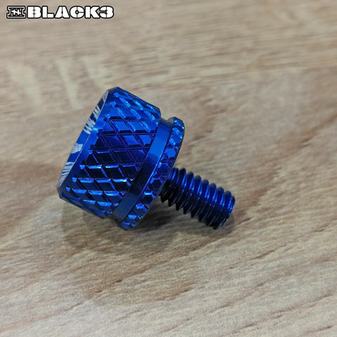 Road Ready Carbon Fiber And Aluminum Knurled Seat Fender Bolt Quarter Inch 20 Thread Slick Swap Upgrade For Harley Davidson Touring Softail Sportster Dyna 1996 To 2025 No Sweat Replacement, blue aluminum bolt detail.