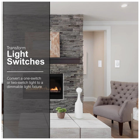 Room setup featuring Single Pole Rotating Dimmer Switch With Rotary On Off, Dimmable For LED CFL And Incandescent Bulbs, Includes Two Knob Colors, UL Listed, White Or Light Almond Finish, Easy Install, Energy Saving Lighting Control, DIY Friendly Model 18021 on wall