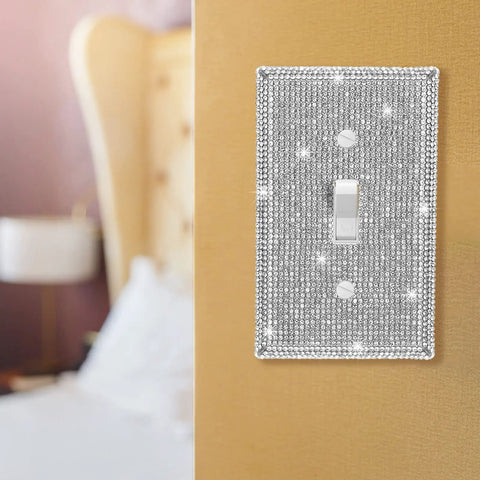 Two Piece Bling Light Switch Cover Set With Silver Rhinestones Stainless Steel Wall Plate For Single Toggle Switch