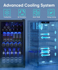 Beverage Fridge With Glass Door, 130 Can Mini Fridge And Wine And Beer Cooler showing cooling system and stocked shelves