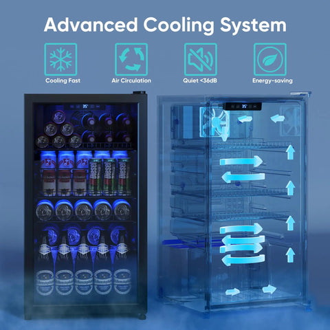 Beverage Fridge With Glass Door, 130 Can Mini Fridge And Wine And Beer Cooler showing cooling system and stocked shelves