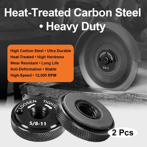 Tool Free Quick Install And Release Angle Grinder Nut Set 5/8-11 2 Pack Self Locking Flange Nuts with disc and packaging