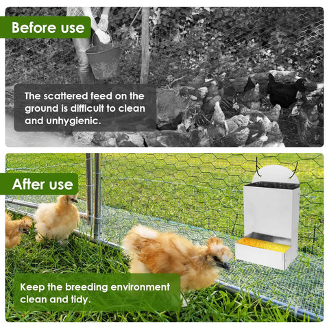 Durable Outdoor Premium Galvanized Steel Oyster Shell And Chicken Grit Feeder Featuring Roomy Hopper Auto Gravity Dispenser in use with chicks.