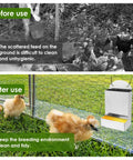 Hella Durable Galvanized Steel Chicken Oyster Shell And Poultry Grit Feeder With Roomy Dual Chamber Auto Fill Dispenser showcasing clean feeding area with chicks.