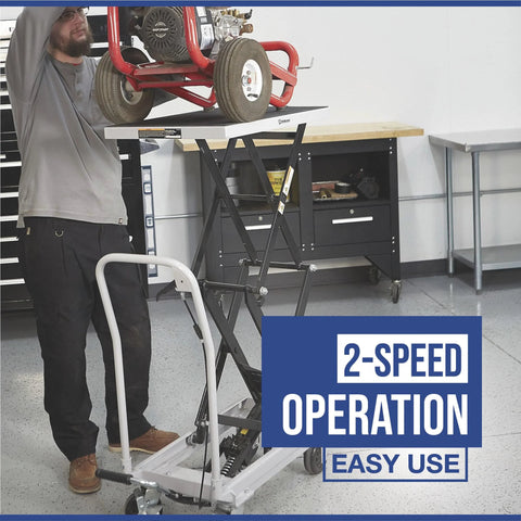 Strongway 2-Speed Hydraulic Rapid XT Lift Table Cart; steel frame, black with silver platform, 500-lb capacity