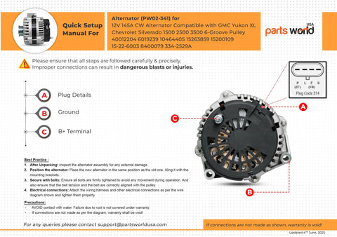 High Output 12V 145A GM Alternator For Silverado Sierra Yukon Trucks With Six Groove Pulley And PowerForge Housing Compatible With 4.3L 5.3L 6.0L 8.1L V8 Engines Fits Silverado Express 1500 1999 2007 Sierra 1500 1999 2007 Yukon 2000 2004 with plug details and terminals shown