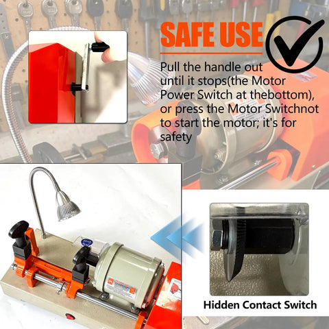 Heavy Duty Metal Cutter 110V with Brass Motor and Polishing Brush close-up, showing safe use instructions in a workshop.