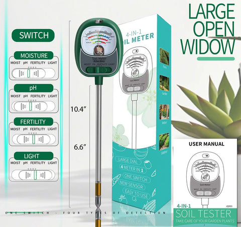 Four In One Soil Tester For Gardening With Moisture Meter, PH Meter, Sunlight And Nutrients, shown with packaging and user manual.