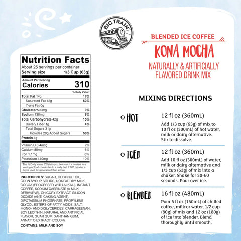 Nutrition facts and mixing directions for Kona Mocha Blended Ice Coffee Mix Delish For Home Frappes Just Add Water Easy To Make Cold Hot Or Frozen Coffee Beverage Powder 3.5 Pound Canister Great For Dessert Or Coffee On The Go.