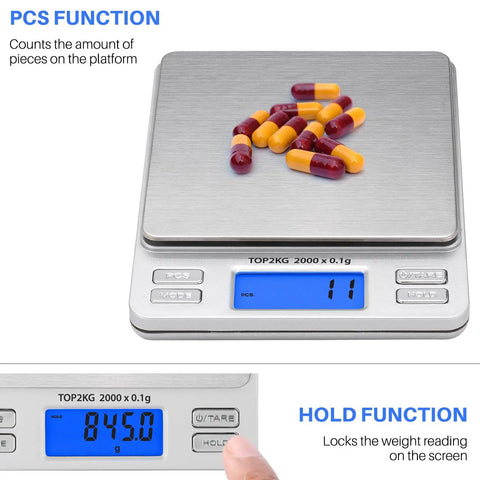 On The Go Pocket Scale With 2000g Capacity And 0.1g Precision displaying capsules, LCD shows count and hold function
