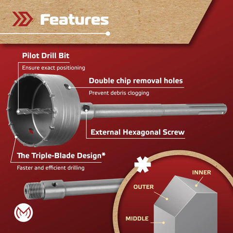 Heavy Duty Concrete Hole Saw Kit With Sds Plus And Max Adapters Pro Masonry Drill Bit Set for precise drilling features.