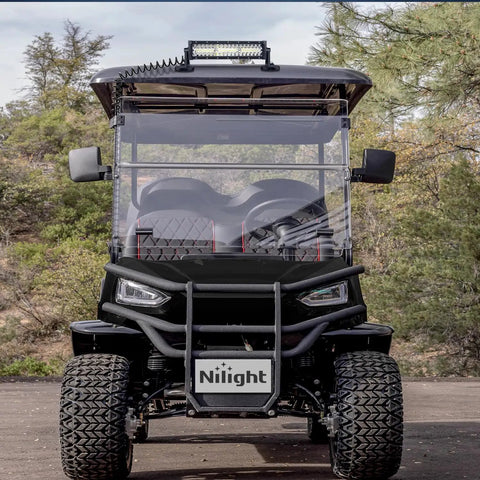 Golf cart with a 13.5 Inch LED Light Bar Triple Row with Cigarette Lighter Plug and Play Wiring Magnetic Base Spot Flood Combo 96 LEDs