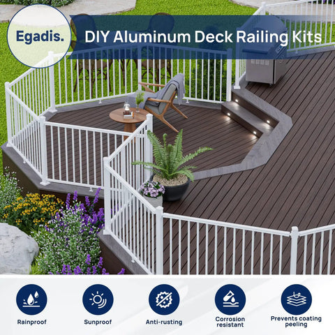 Solid White Aluminum Railing Posts For Outdoor Decks And Patios, Set Of Two, 2.56 X 2.56 X 39 Inches, stylishly installed on a modern deck.