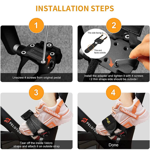 Installation guide for Toe Clip Straps For Peloton Bike Adjustable Metal Pedal Adapters with secure no-slip grip.