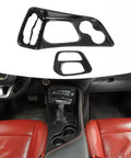 Slick ABS Carbon Fiber Gear Shift Lever Panel Trim Fits 2015-2025 Dodge Challenger console shifter cover on red leather seats.
