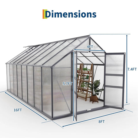 Walk-In Outdoor Greenhouse Kit With Built-To-Last Aluminum Frame And 4mm Twin-Wall Polycarbonate Panels, 8 By 16 Foot, dimensions diagram