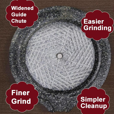Top view of Hand Crank Stone Grain Mill With Granite Grinding Stone And Sturdy Wood Base, featuring text highlights