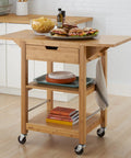 Premium Bamboo Extendable Rolling Kitchen Cart With Collapsible Drop Leaves And Deep Storage Drawer in kitchen with food.
