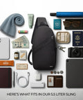 Anti Theft Sling Bag With Locking Zippers, showing slash resistant panels and RFID blocking slots, surrounded by travel essentials