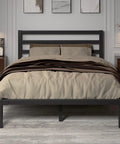 Rock Solid Queen Size Metal Bed Frame With Integrated Headboard And Reinforced Steel Slats elegantly styled in a modern bedroom setting.