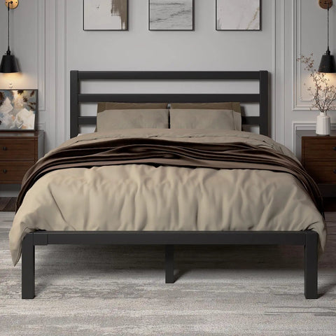 Rock Solid Queen Size Metal Bed Frame With Integrated Headboard And Reinforced Steel Slats elegantly styled in a modern bedroom setting.