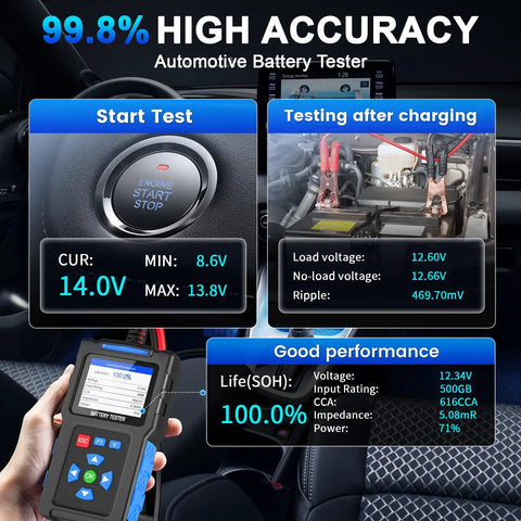 Battery Load Tester 12 Volt And 24 Volt For Cars And Trucks Quick Diagnostic Tool BT300 Easily Detects Starting And Charging System Faults Tests Lead Acid And AGM Batteries And All Automotive Starter Batteries handheld tester in car interior