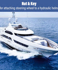Luxury yacht on the ocean with text overlay about nut and key for attaching to hydraulic helm